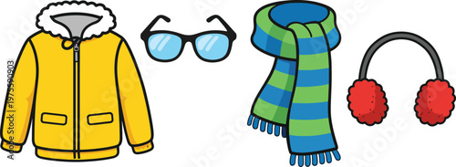 A Comprehensive Collection of Black Silhouette Winter Clothing and Accessories Icons
Winter Clothing Essentials Set Illustration – Jacket, Hat, Scarf, Gloves and Socks Flat Design
