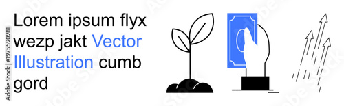 Business growth, financial investments, eco-friendly initiatives, sustainable growth, startup funding, economic progress. Hand holding money, plant sprouting arrows rising. Business growth