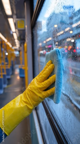 Worker disinfecting tram handrails and buttons in bright clean interior, emphasizing hygiene, safety, and detailed maintenance in modern public transport