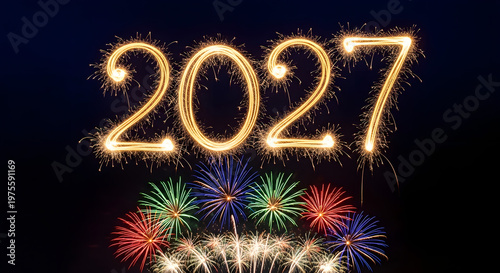 New Year 2027 Celebration Fireworks Display Nighttime Sparkling Lights
