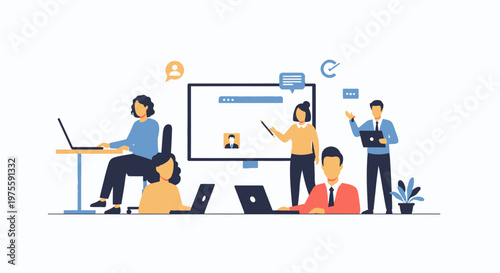 Team of professionals collaborating during a virtual meeting in a modern office