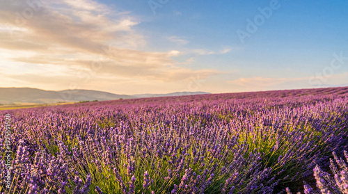 Expansive purple lavender fields under a golden hour sky, vibrant blossoms stretching towards distant mountains and.