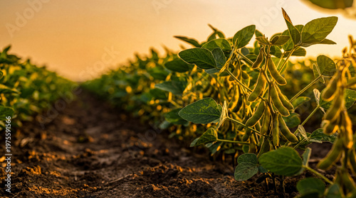 Fényképezés Rows of thriving green soybean plants in a fertile agricultural field at sunrise, illuminated by warm golden light