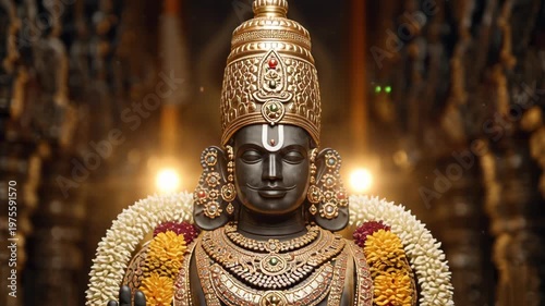 Black Stone Idol of Lord Venkateshwara Adorned with Gold Jewelry and Floral Garlands in Temple Setting