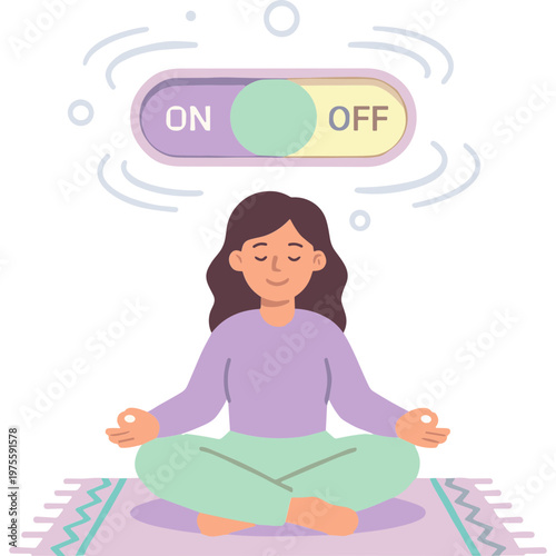 Woman meditates on switch between on and off states in calm environment