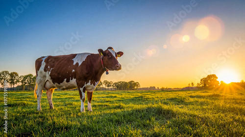 Brown and white dairy cow standing peacefully in a vibrant green pasture during a golden sunset, lens flare.