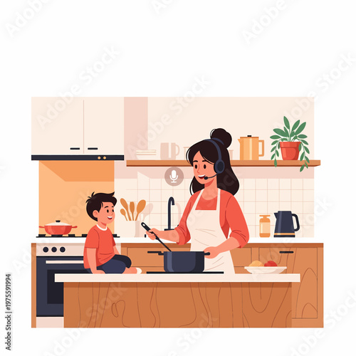 Multitasking working mother cooking dinner while wearing headset in a modern kitchen flat illustration