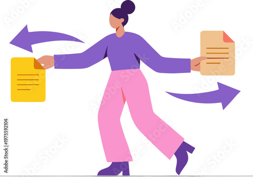 A woman exchanges documents with another person in an office setting indoors.