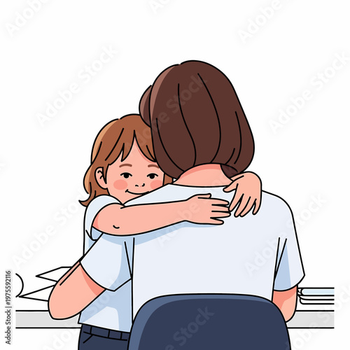 Little daughter hugging working mother at office desk, minimalist flat illustration on white background