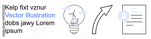 Renewable energy, digital profiles, workflow processes, sustainability, energy efficiency, environmentally friendly solutions. A lightbulb with solar panels, an arrow, and a profile document