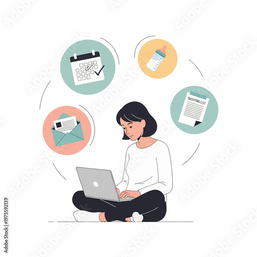 Working mother multitasking work and home duties at home clean minimalist flat vector illustration