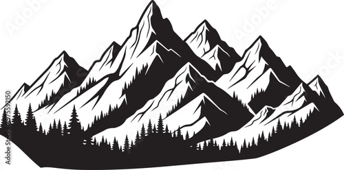 Black and white stylized mountain range with pine trees silhouette mountains peak summit