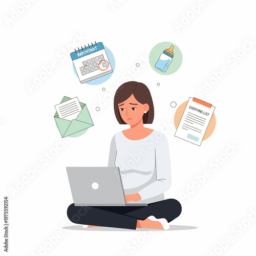 Overwhelmed Working Mother Balancing Career and Parenting Tasks in Minimalist Flat Vector Illustration Style