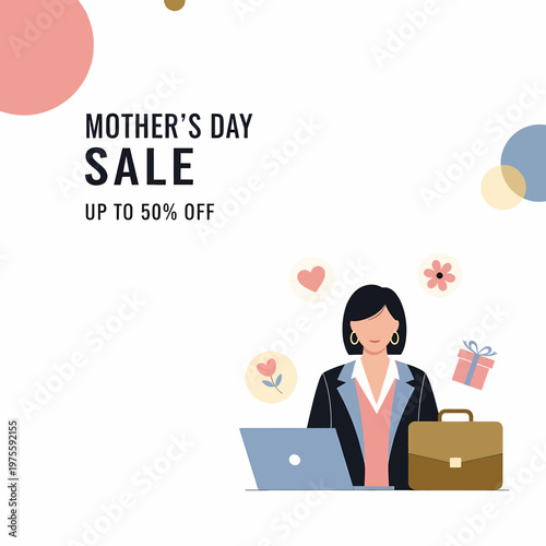 Working Mom at Laptop Illustration for Mother's Day Sale Banner in Clean Minimalist Professional Flat Design