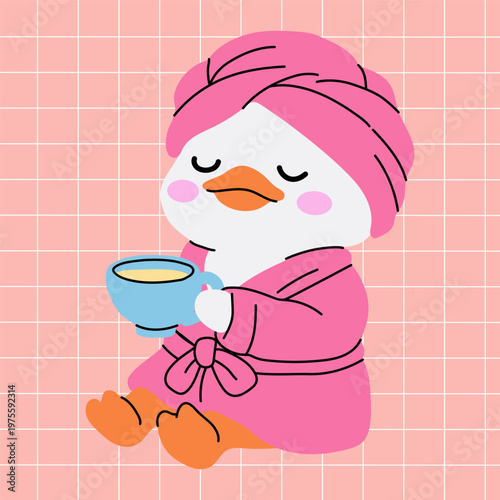 Adorable Duck Relaxing with Coffee Self Care Concept