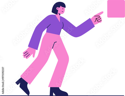 Woman pointing forward while walking on line in purple and pink
