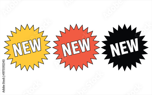 Three starburst labels with new text in yellow, red, and black