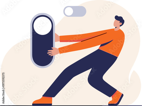 Man pushing a large toggle button on the wall with effort