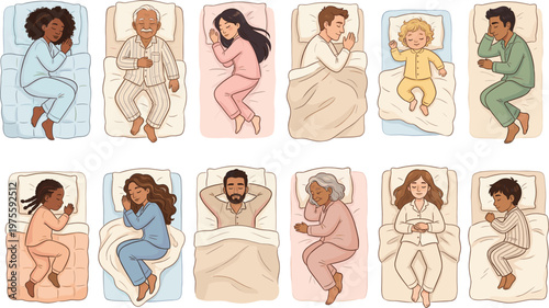 Diverse people sleeping in beds, multiethnic characters in pajamas, flat vector illustration on black background.