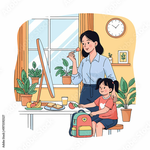 Working Mother Applying Makeup While Daughter Eats Breakfast in Home Flat Vector Illustration