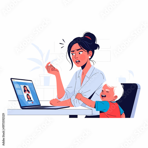 Overwhelmed working mother with toddler during home office video call, modern flat vector illustration