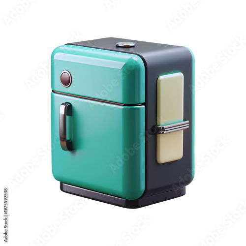 3D Modern Miniature Refrigerator with Teal Glossy Finish Isolated on Transparent Black Background