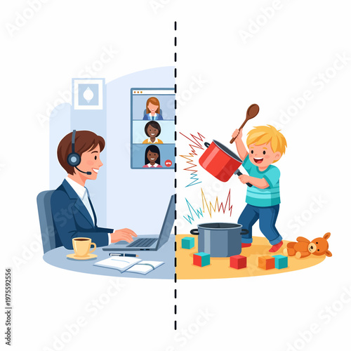 Working mother balancing career and parenting in a split home office environment, flat vector illustration
