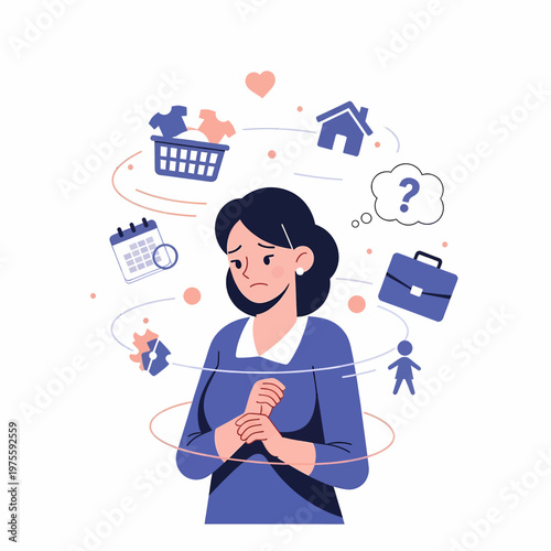 Overwhelmed working mother balancing career and household chores in a flat vector illustration style.
