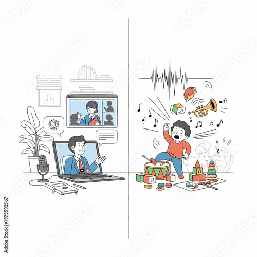 Modern Mother Balancing Video Conference and Chaotic Child Play in Home Office Split Illustration