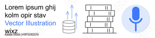 Technology, data management, cloud computing, voice interaction, digital media, AI systems. Visual stack of disks, arrows and microphone icon. Data and cloud computing concept