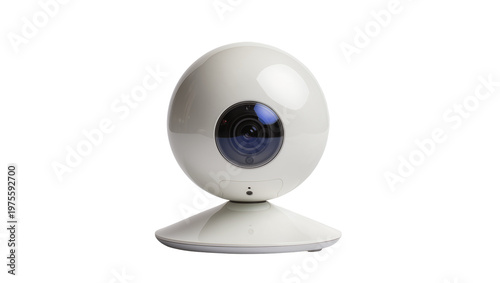 Modern white spherical webcam with blue lens, isolated on transparent background