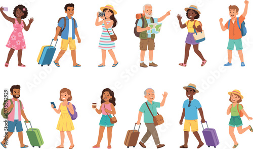 Set of diverse tourists and travelers, multiethnic people with suitcases and backpacks, flat vector illustration collection.