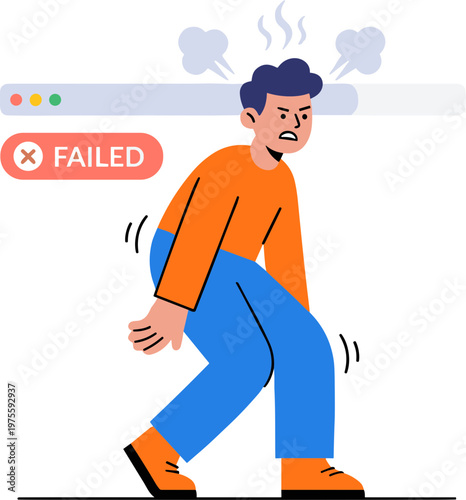 A frustrated man experiences technical issues while walking on a computer screen.