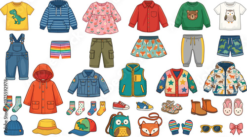 Set of colorful kids clothing and accessories, children's fashion garments and shoes, flat vector illustration collection.