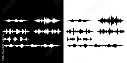 Abstract sound wave vector illustration set featuring various rhythmic digital pulse patterns for audio editing and music visual interface projects