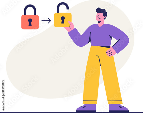 Man unlocking padlock with another padlock in his hand standing outside