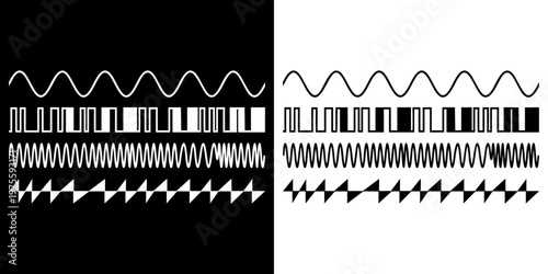 Vector graphic illustration showing various types of electronic signal waveforms including sine square and triangle waves for technical engineering designs