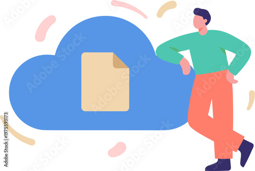 Man standing next to a large blue cloud with a document.