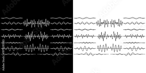 Collection of diverse digital sound wave vector illustration graphics representing audio frequency spectrums and voice recording analysis on contrasting backgrounds.