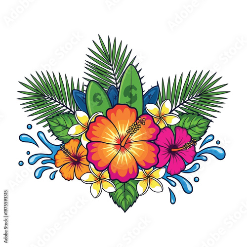 Vibrant tropical floral arrangement with surfboards and palm fronds, evoking a summery beach paradise