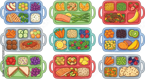 Set of healthy bento lunch boxes, various balanced meals with fruits vegetables and proteins, flat vector illustration.