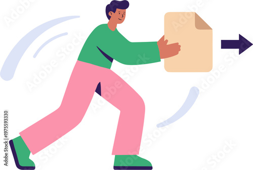 Person pushing a large box forward with motion lines around them