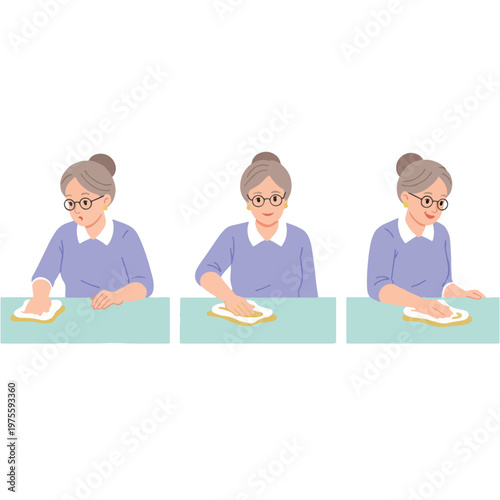 Grandmother is cleaning the table