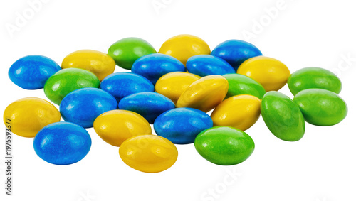 Pile of colorful candy coated chocolates, isolated on transparent background