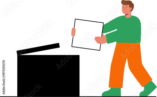 A man is putting a piece of paper into a black box indoors.