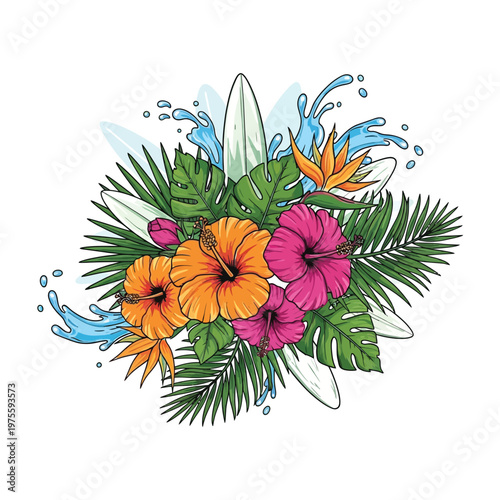 Bright tropical summer design showcasing vibrant hibiscus flowers, lush palm foliage, and surfboards with energetic water splashes, ideal for beach-themed projects