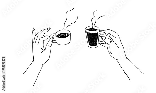 Hand holding coffee cup with steam rising, Simple black and white line art design, Minimal line cafe branding, Vector design.