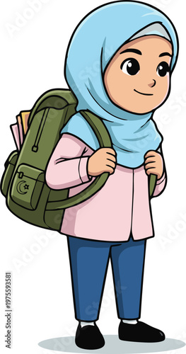 Happy Muslim School Girl Illustration Carrying Backpack Ready for Learning and Education