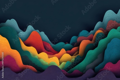 Abstract Landscape Of Vibrant Layered Mountains With Textured Surfaces And Dappled Light Against A Dark Sky A Digital Art Creation Representing Organic Forms And Colorful Ripples