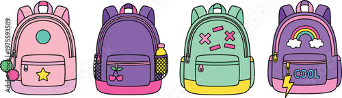 Colorful school backpack collection for kids, back to school bag set, flat vector CAD drawing illustration